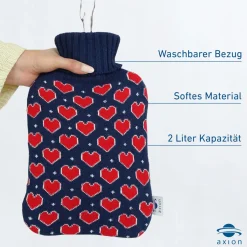® Wärmflasche mit Bezug – in blauem Strick mit Herzen (33x20 cm)><noscript><img width=