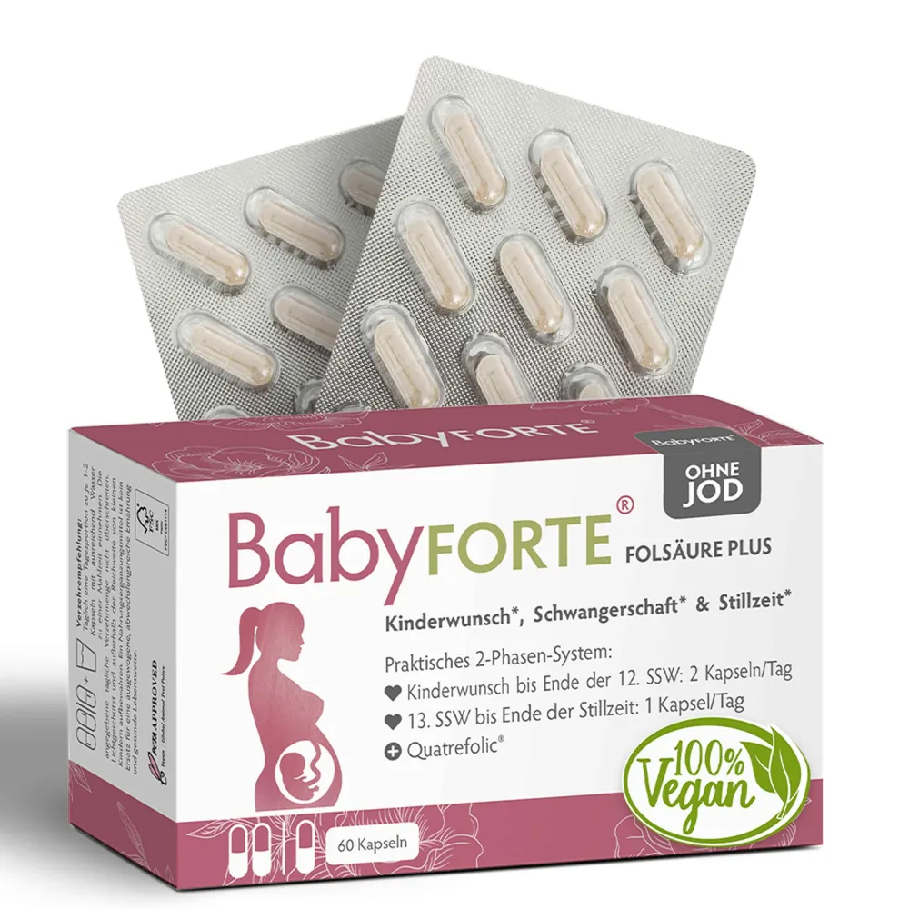 Folsäure Plus OHNE JOD | vegan | Vitamine ab Kinderwunsch bis Stillzeit|BabyFORTE Hot