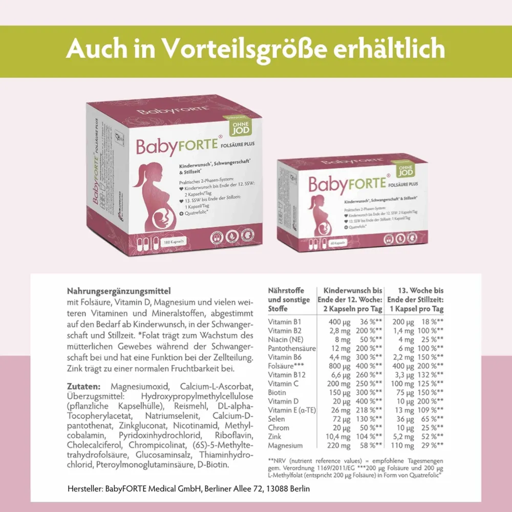 Folsäure Plus OHNE JOD | vegan | Vitamine ab Kinderwunsch bis Stillzeit|BabyFORTE Hot
