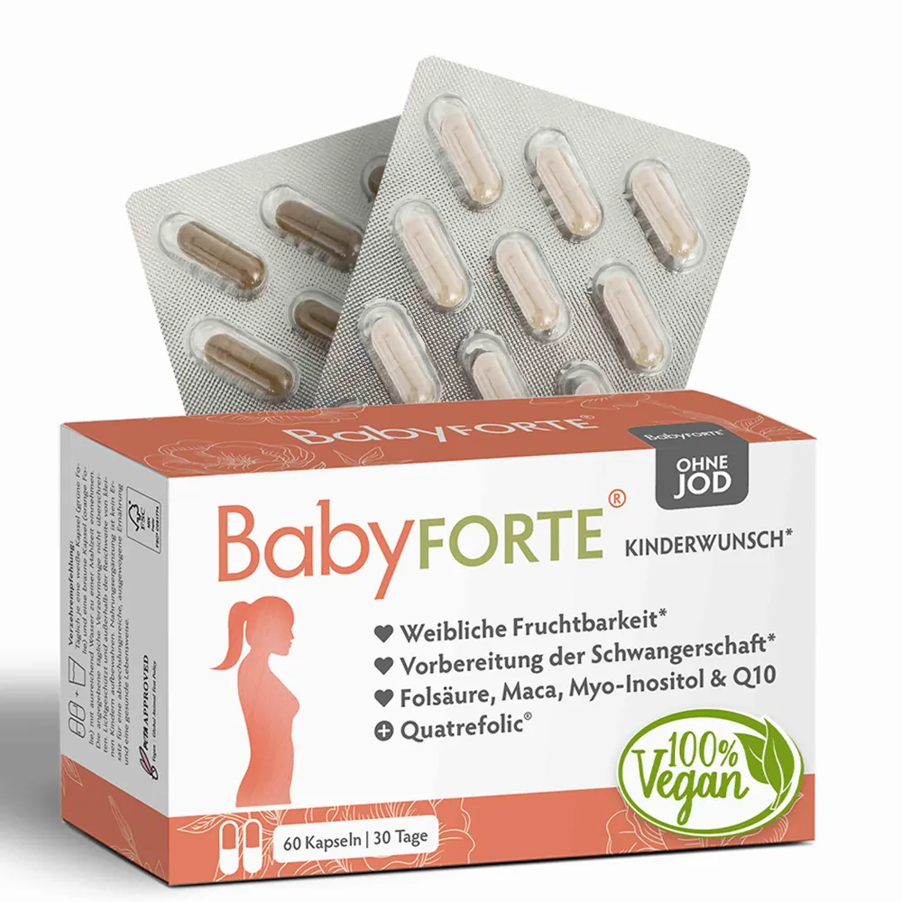 Kinderwunsch Vitamine OHNE JOD | vegan | 800 µg Folsäure, Quatrefolic® & Q10|BabyFORTE Hot