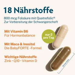 Kinderwunsch Vitamine OHNE JOD | vegan | 800 µg Folsäure, Quatrefolic® & Q10|BabyFORTE Hot