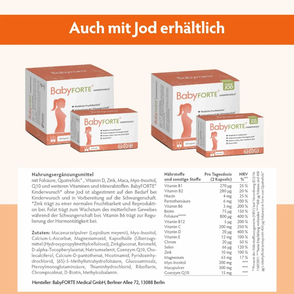 Kinderwunsch Vitamine OHNE JOD | vegan | 800 µg Folsäure, Quatrefolic® & Q10|BabyFORTE Hot