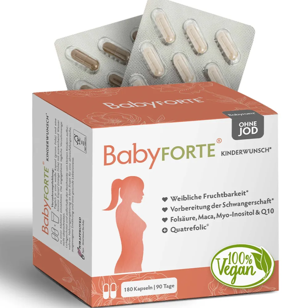 Kinderwunsch Vitamine OHNE JOD | vegan | 800 µg Folsäure, Quatrefolic® & Q10>BabyFORTE Online