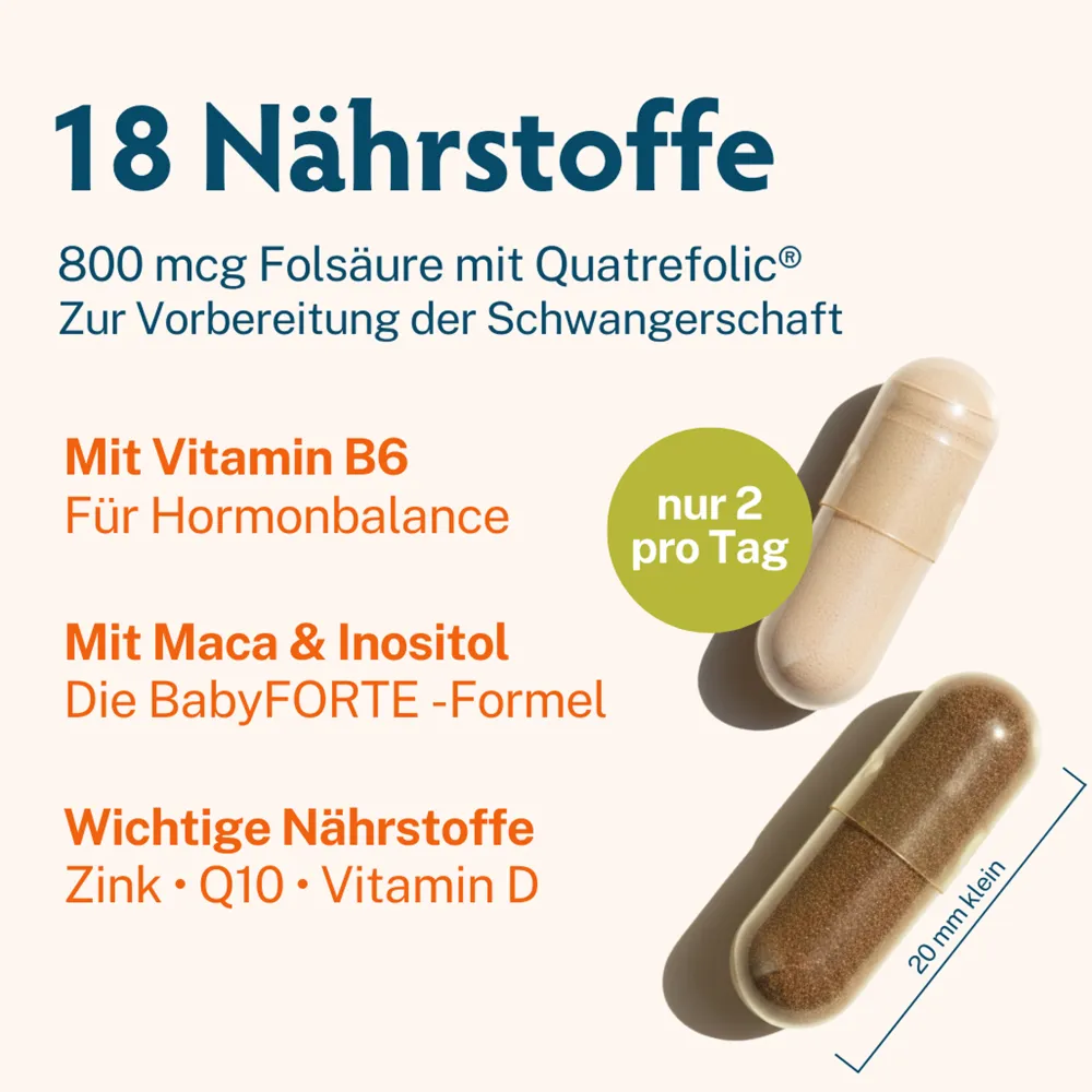 Kinderwunsch Vitamine OHNE JOD | vegan | 800 µg Folsäure, Quatrefolic® & Q10>BabyFORTE Online