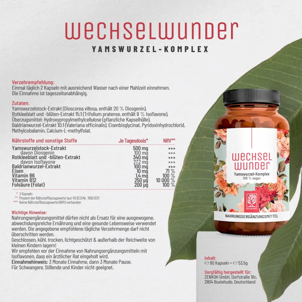 Baldrian Eisen Vitamin B9 B12 Yamswurzel Komplex 90 vegane Kapseln Wechselwunder ®>NATURTREU Discount