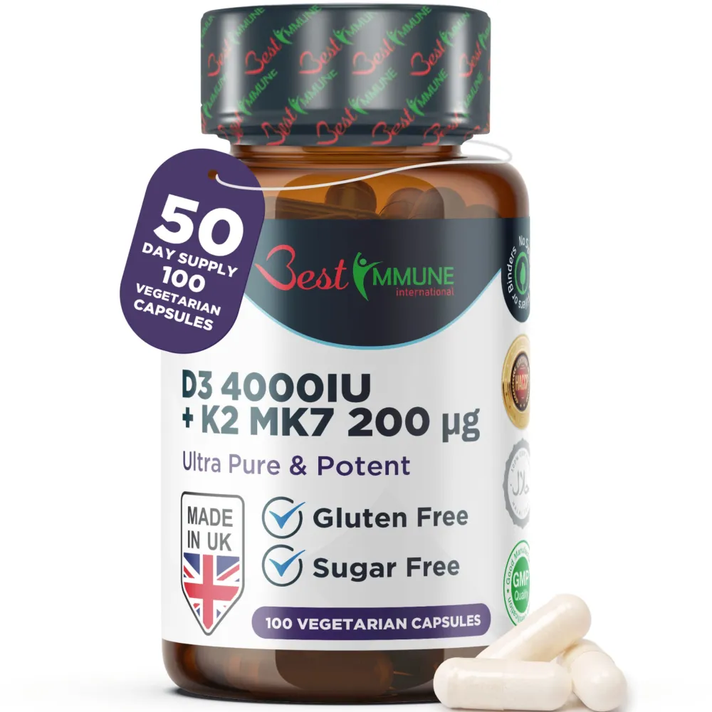 Best Immune Vitamin K2 MK7 200 mcg D3 (Cholecalciferol) 4000 IE> New