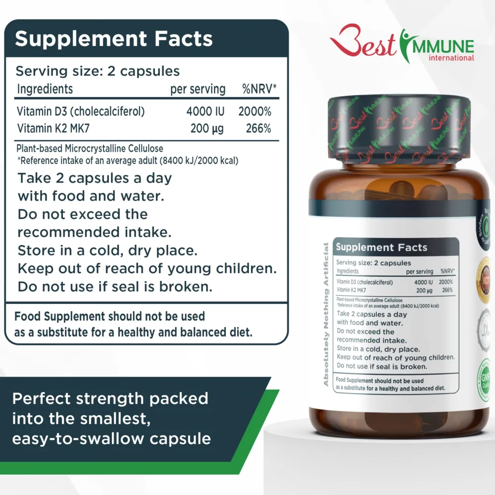 Best Immune Vitamin K2 MK7 200 mcg D3 (Cholecalciferol) 4000 IE> New