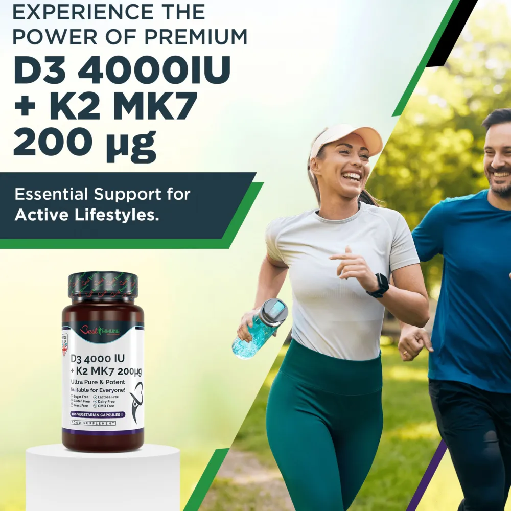 Best Immune Vitamin K2 MK7 200 mcg D3 (Cholecalciferol) 4000 IE> New