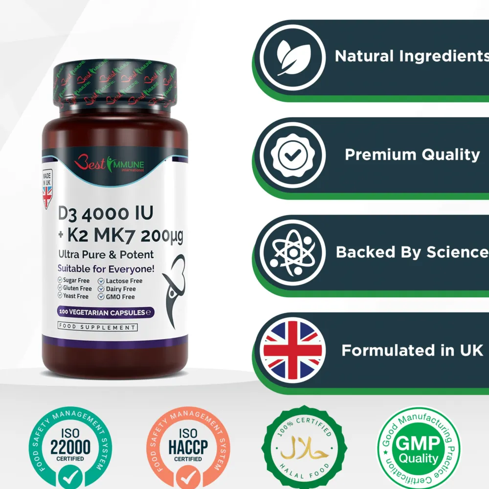 Best Immune Vitamin K2 MK7 200 mcg D3 (Cholecalciferol) 4000 IE> New