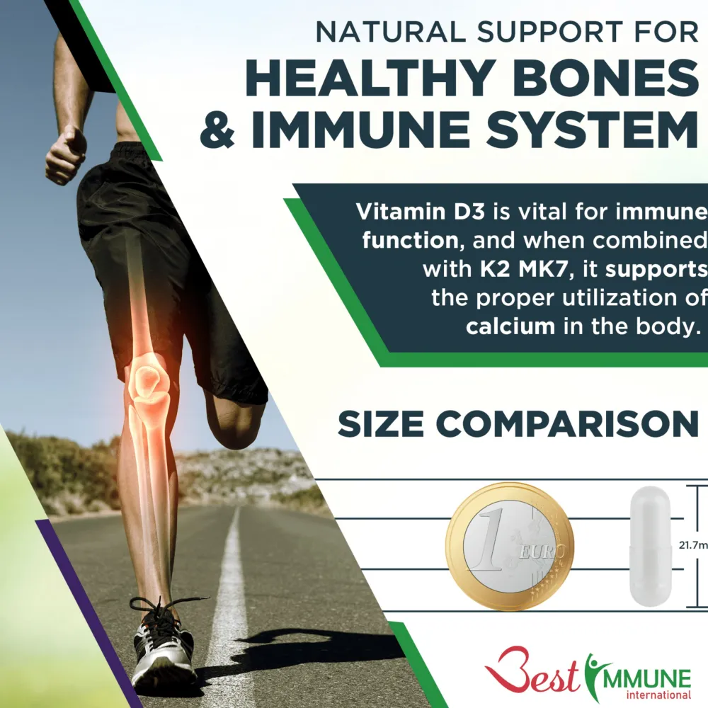 Best Immune Vitamin K2 MK7 200 mcg D3 (Cholecalciferol) 4000 IE> New