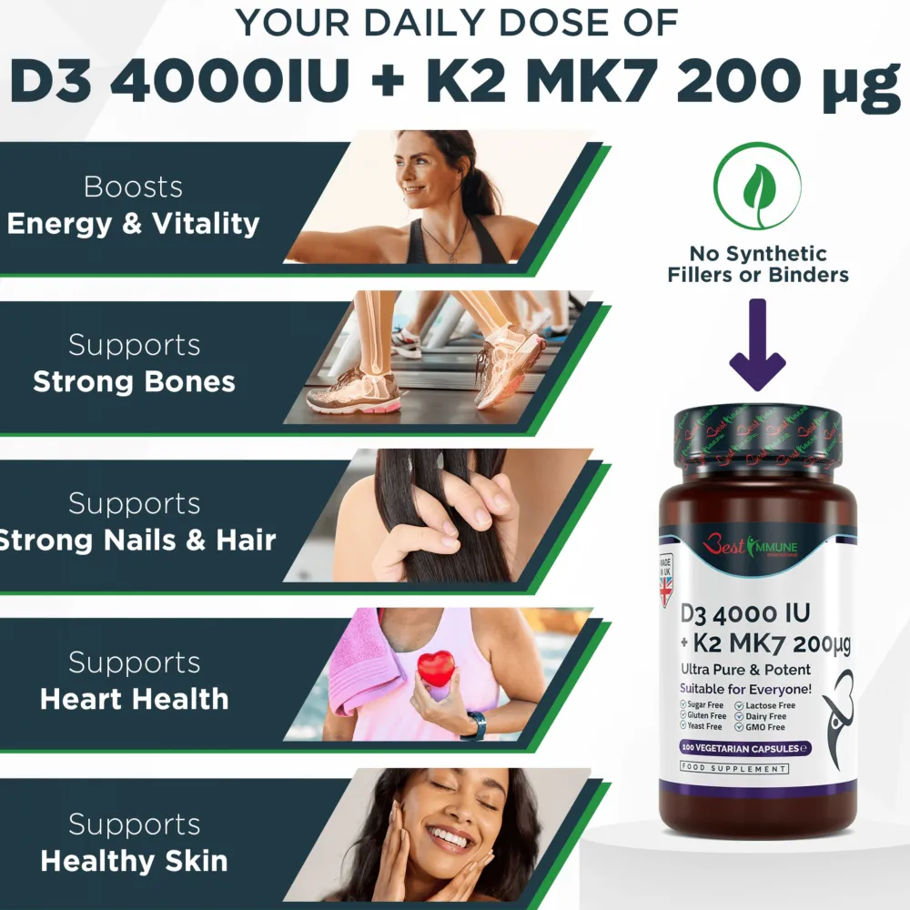 Best Immune Vitamin K2 MK7 200 mcg D3 (Cholecalciferol) 4000 IE> New