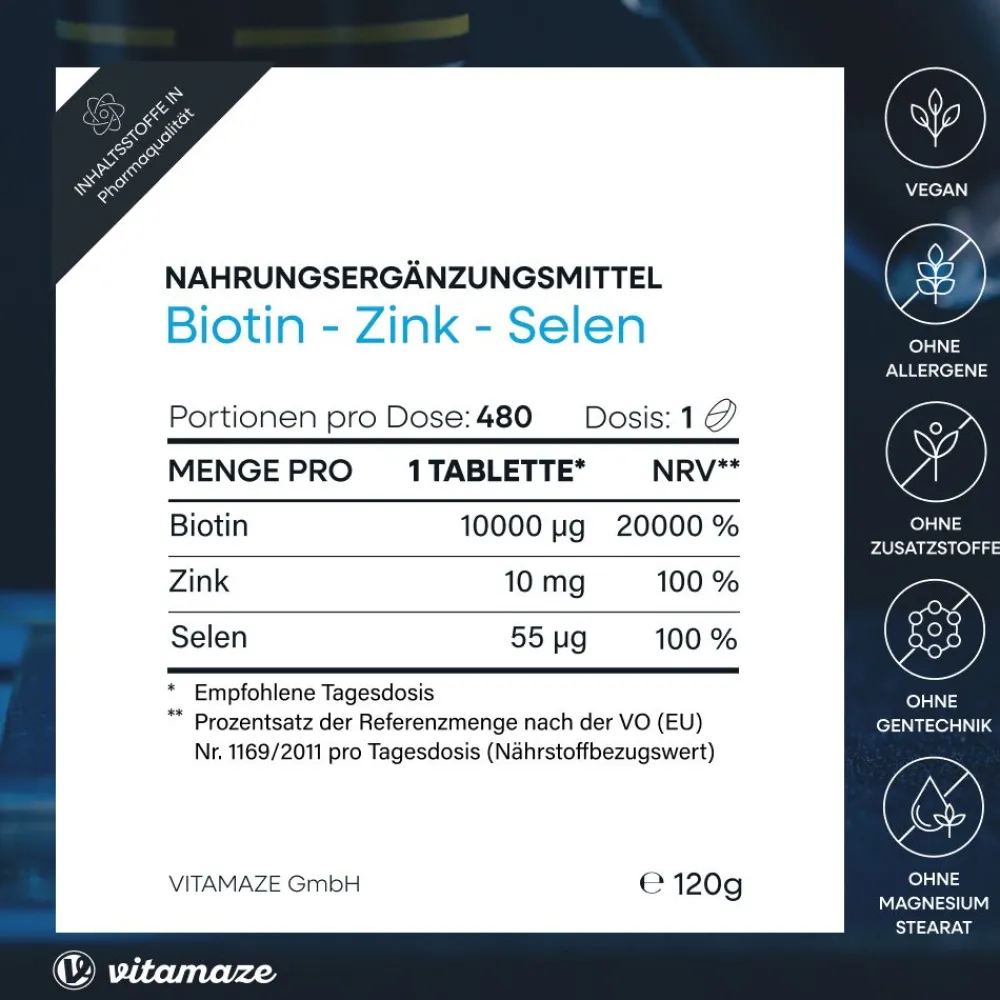 BIOTIN hochdosiert + Zink + Selen, 480 vegane Tabletten>vitamaze