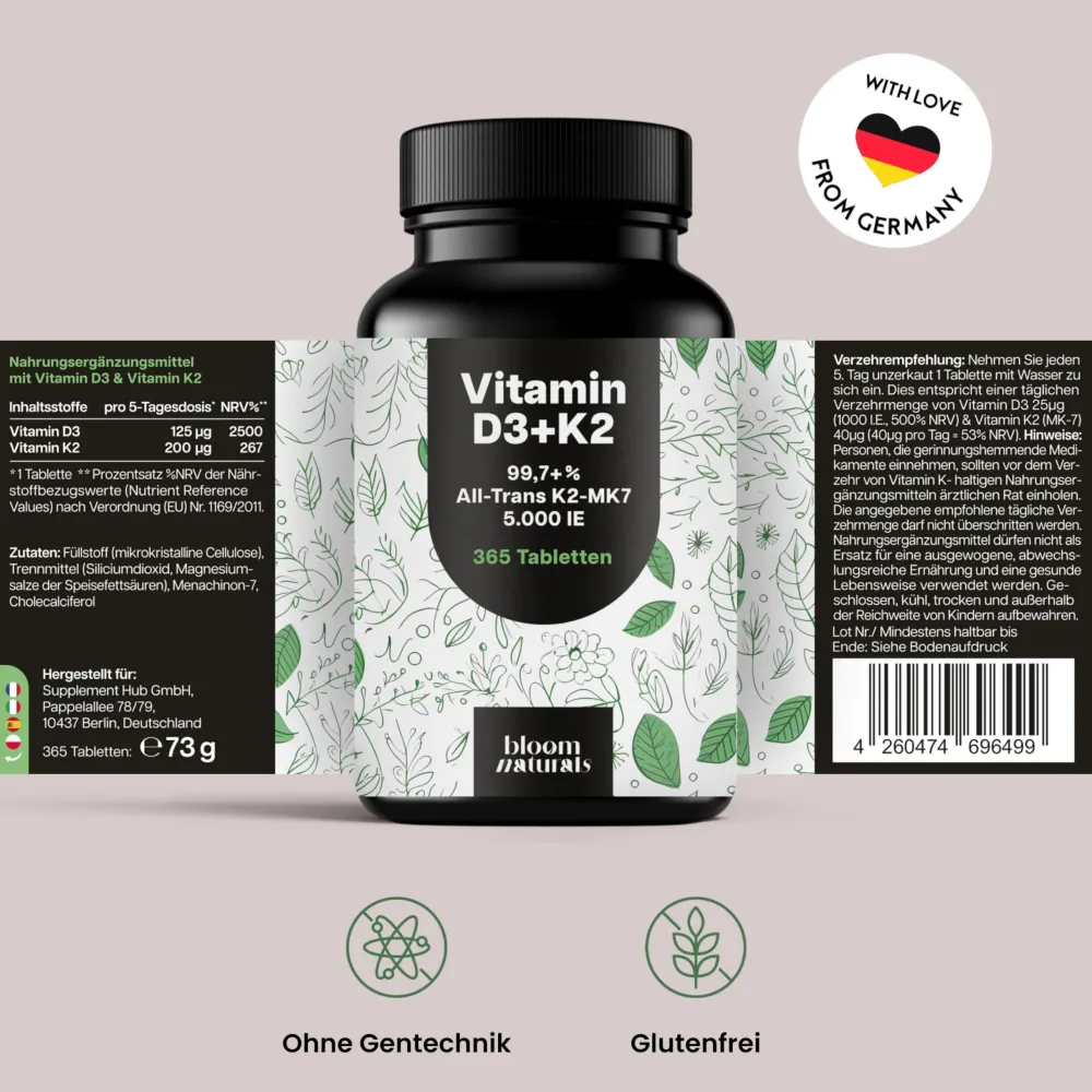 Bloom Naturals Vitamin D3 K2 Tabletten 5000 IE| Online