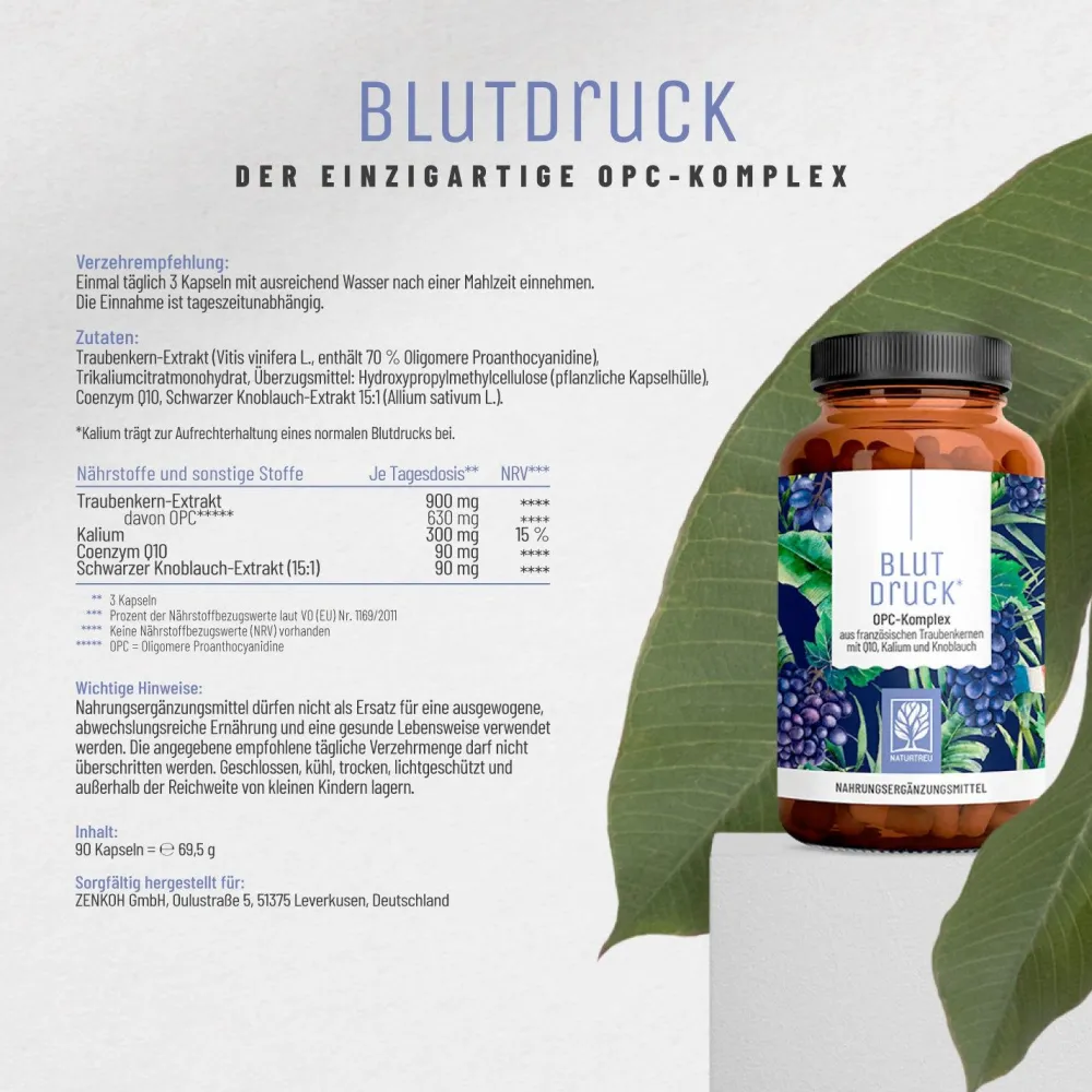 Blutdruck OPC Komplex Traubenkern Extrakt 90 vegane Kapseln hochdosiert Q10 ®>NATURTREU Sale