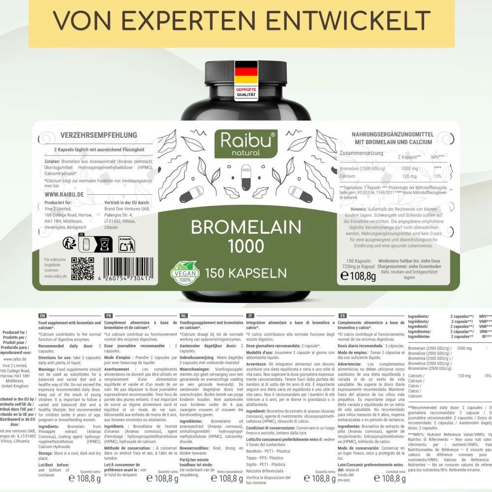 Bromelain Kapseln Hochdosiert 500 mg, 150 Kapseln -|Raibu Outlet
