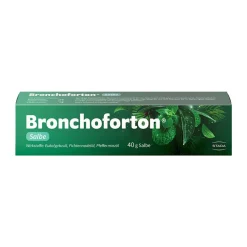 Bronchoforton® Salbe – Erkältungssalbe mit rein pflanzlichen Wirkstoffen. Löst zähen Schleim, erleichtert das Abhusten; mit Eukalyptus-, Fichtennadel- und Pfefferminzöl>