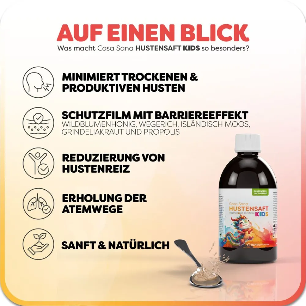 HUSTENSAFT KIDS - Mit Grindelia, isländisch Moos, Propolis, Wegerich, Wildblumenhonig und ätherischem Öl aus Kiefernblättern>Casa Sana New