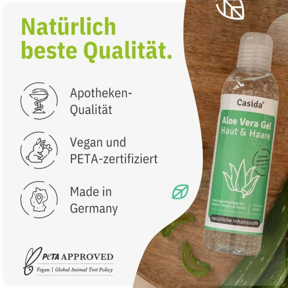 Aloe Vera Gel Haut & Haare - DERMATEST Sehr Gut - 100% Natürlich, Rein & Ohne Duftstoffe>Casida Best