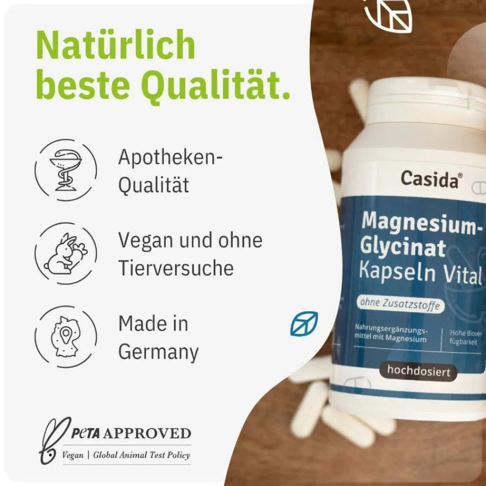 Magnesiumglycinat - Premium Chelatiertes Magnesiumbisglycinat - vegan, hochdosiert>Casida Online