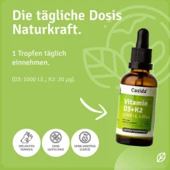 Vitamin D3 K2 Tropfen hochdosiert & vegan - 100% pflanzlich (ohne tierisches Lanolin) – 1000 I.E. Vitamin D + Vitamin K 20 µg>Casida Best