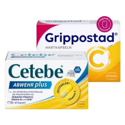 Cetebe® ABWEHR plus mit Vitamin C, Vitamin D3 und Zink + C® bei Erkältung und grippalen Infekten|Grippostad New