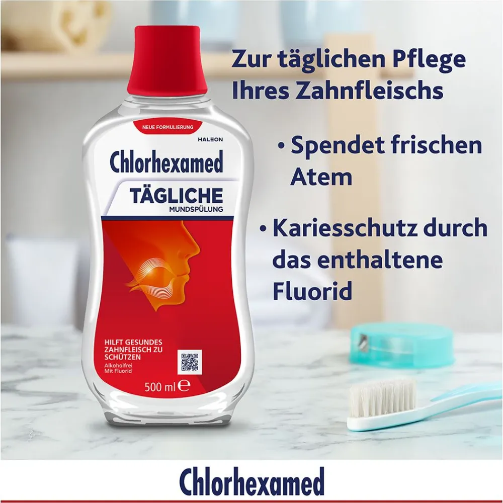 Tägliche Mundspülung mit Chlorhexidin (0,06 %)|Chlorhexamed