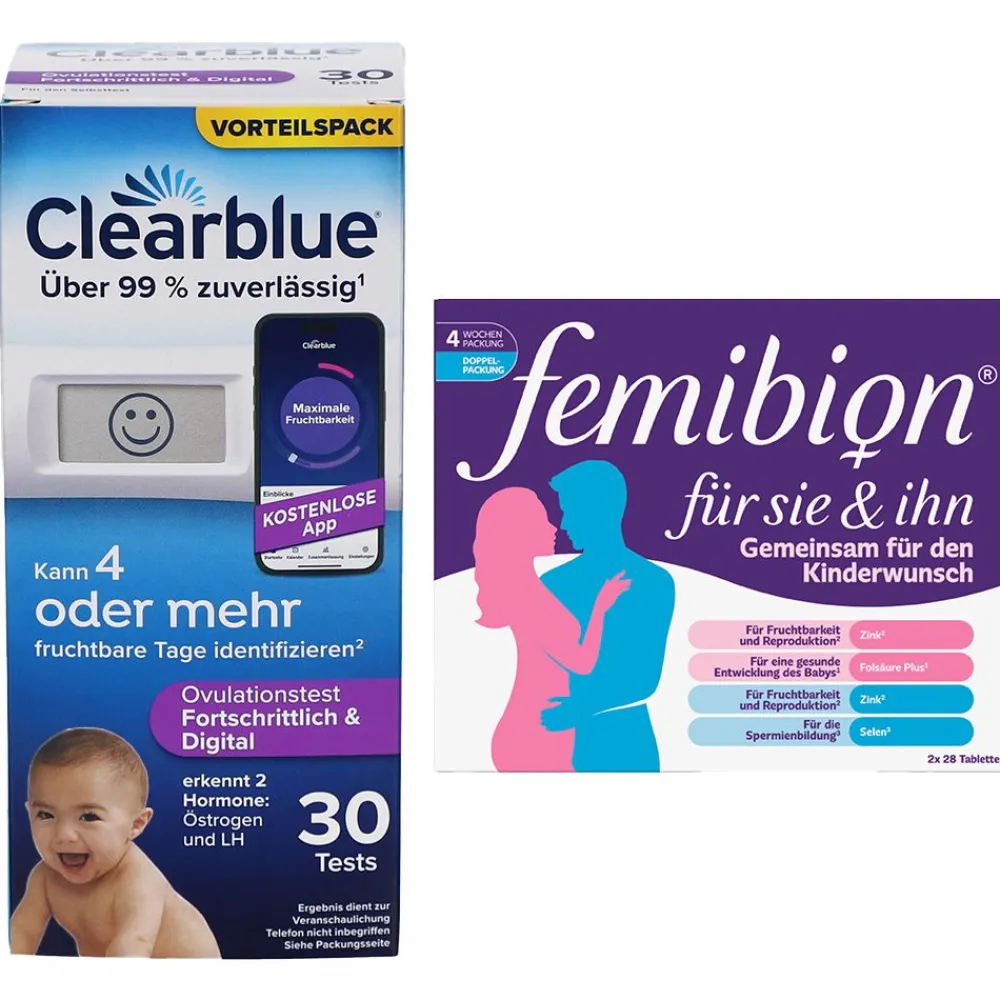 fortschrittlich & digital + Femibion für Sie & Ihn – Tabletten zur Unterstützung bei Kinderwunsch|Clearblue Ovulationstest Hot