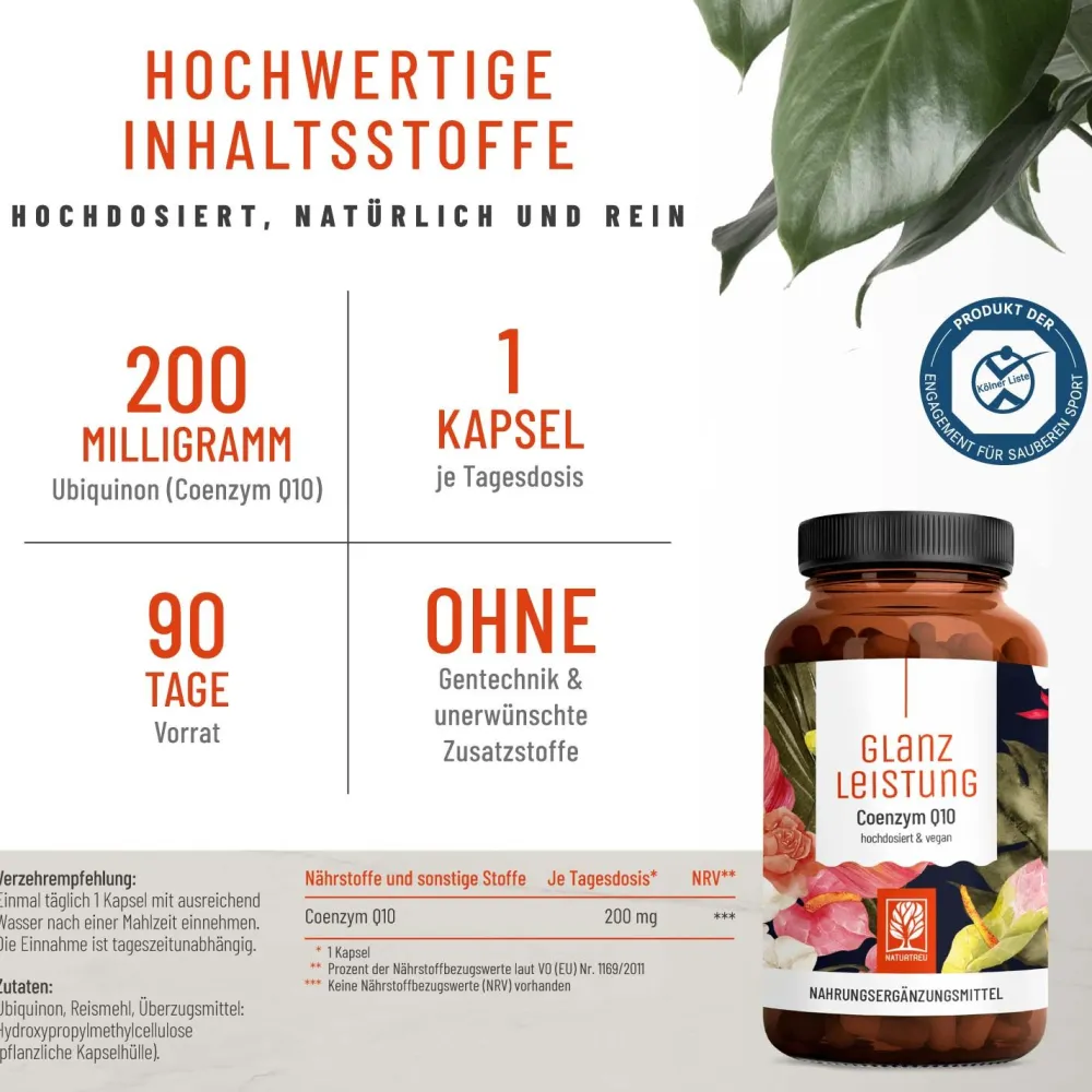 Coenzym 200mg Q10 90 vegane Kapseln hochdosiert Haut Haare Gelenke Glanzleistung ®|NATURTREU Clearance