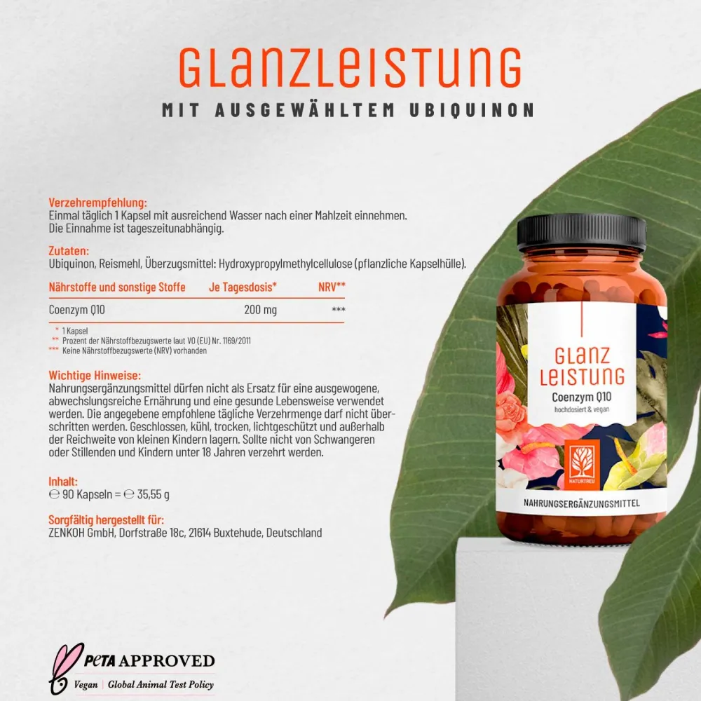 Coenzym 200mg Q10 90 vegane Kapseln hochdosiert Haut Haare Gelenke Glanzleistung ®|NATURTREU Clearance