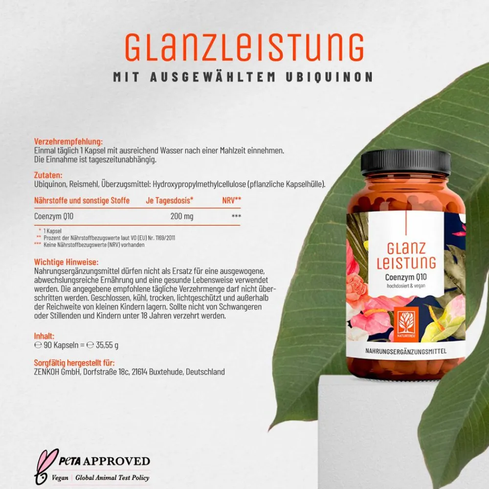 Coenzym 200mg Q10 90 vegane Kapseln hochdosiert Haut Haare Gelenke Glanzleistung ®|NATURTREU Clearance