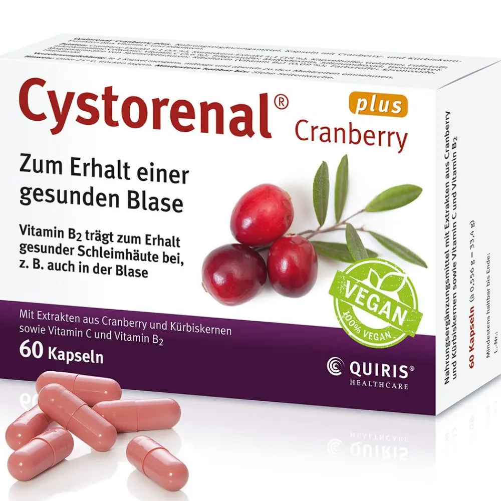 Cranberry plus für eine gesunde und starke Blase, mit Kürbiskernextrakt, Vitamin B2 und C>Cystorenal Outlet