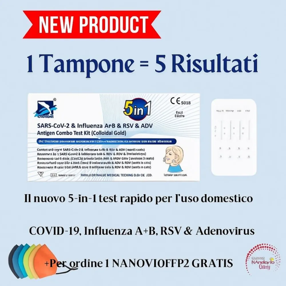 DeepBlue 5-in-1 Test COVID-19 (Alle Varianten), Grippe A/B, RSV, Adenovirus + Gratis Nanovio FFP2> Clearance