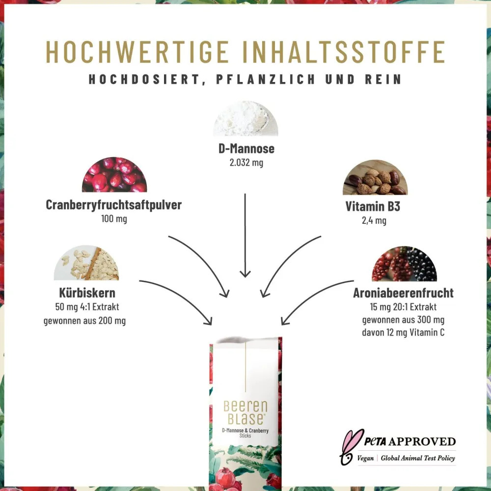 D-Mannose Cranberry Vitamin C Pulver Harnwege Beerenblase 14 vegane Sticks ®|NATURTREU Best