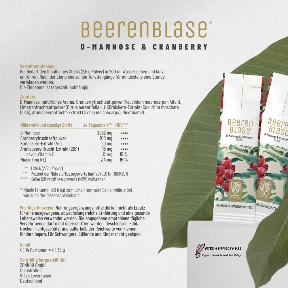 D-Mannose Cranberry Vitamin C Pulver Harnwege Beerenblase 14 vegane Sticks ®|NATURTREU Best