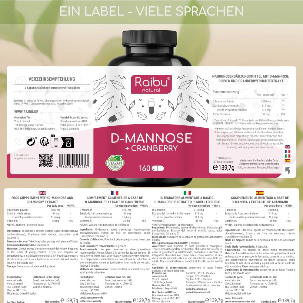 D-Mannose mit Cranberry Kapseln, Hergestellt in Deutschland, 160 St->Raibu New