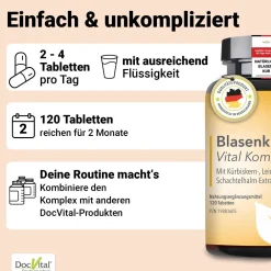 DocVital® Blasenkraft | Blase Tabletten mit Kürbiskern, Schachtelhalm, Leinsamen, Hopfen & Vitaminen| Online