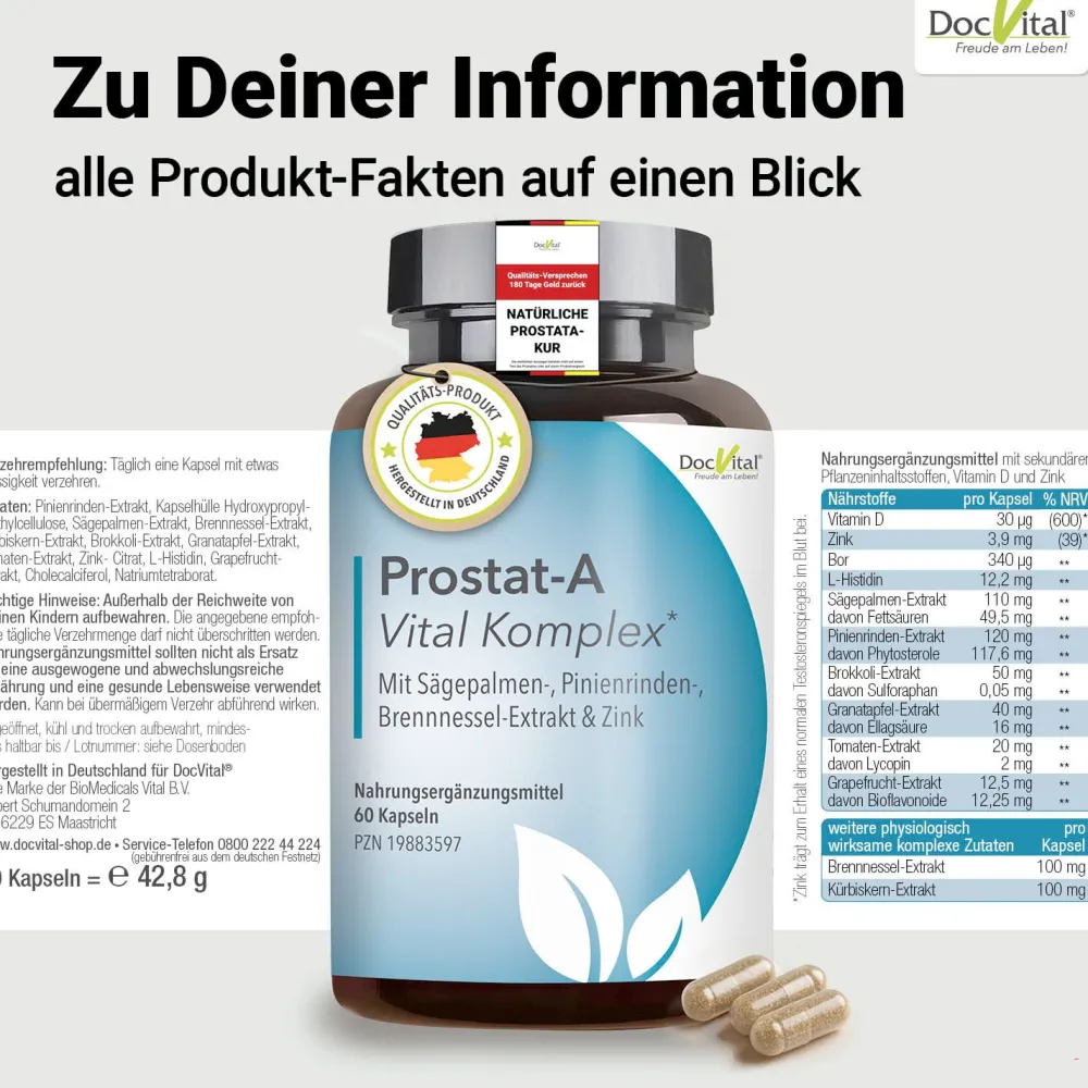 DocVital® Prostata Komplex Kapseln - Sägepalmenextrakt, Kürbiskernextrakt, Zink, Vitamin D3 & mehr>