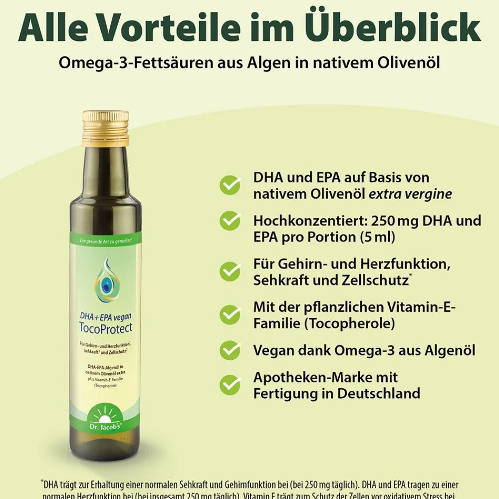 Dr. Jacob's DHA + EPA vegan TocoProtect Algenöl Olivenöl Omega-3-Fettsäuren>Dr. Jacob's New