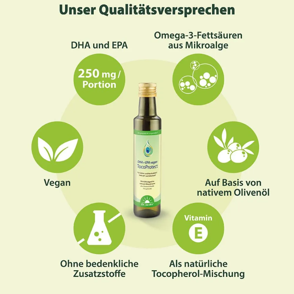 Dr. Jacob's DHA + EPA vegan TocoProtect Algenöl Olivenöl Omega-3-Fettsäuren>Dr. Jacob's New