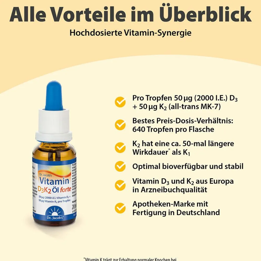 Dr. Jacob's Vitamin D3K2 Öl forte 2000 IE/50 mcg D3+K2 hochdosiert 640 Tropfen|Dr. Jacob's New