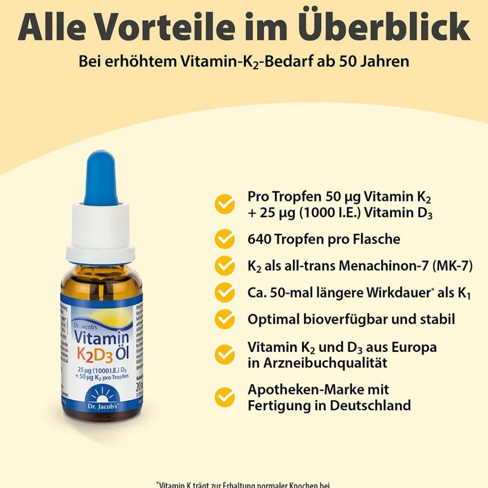 Dr. Jacob's Vitamin K2D3 Öl 1000 IE/50 mcg D3+K2 640 Tropfen vegetarisch|Dr. Jacob's Best
