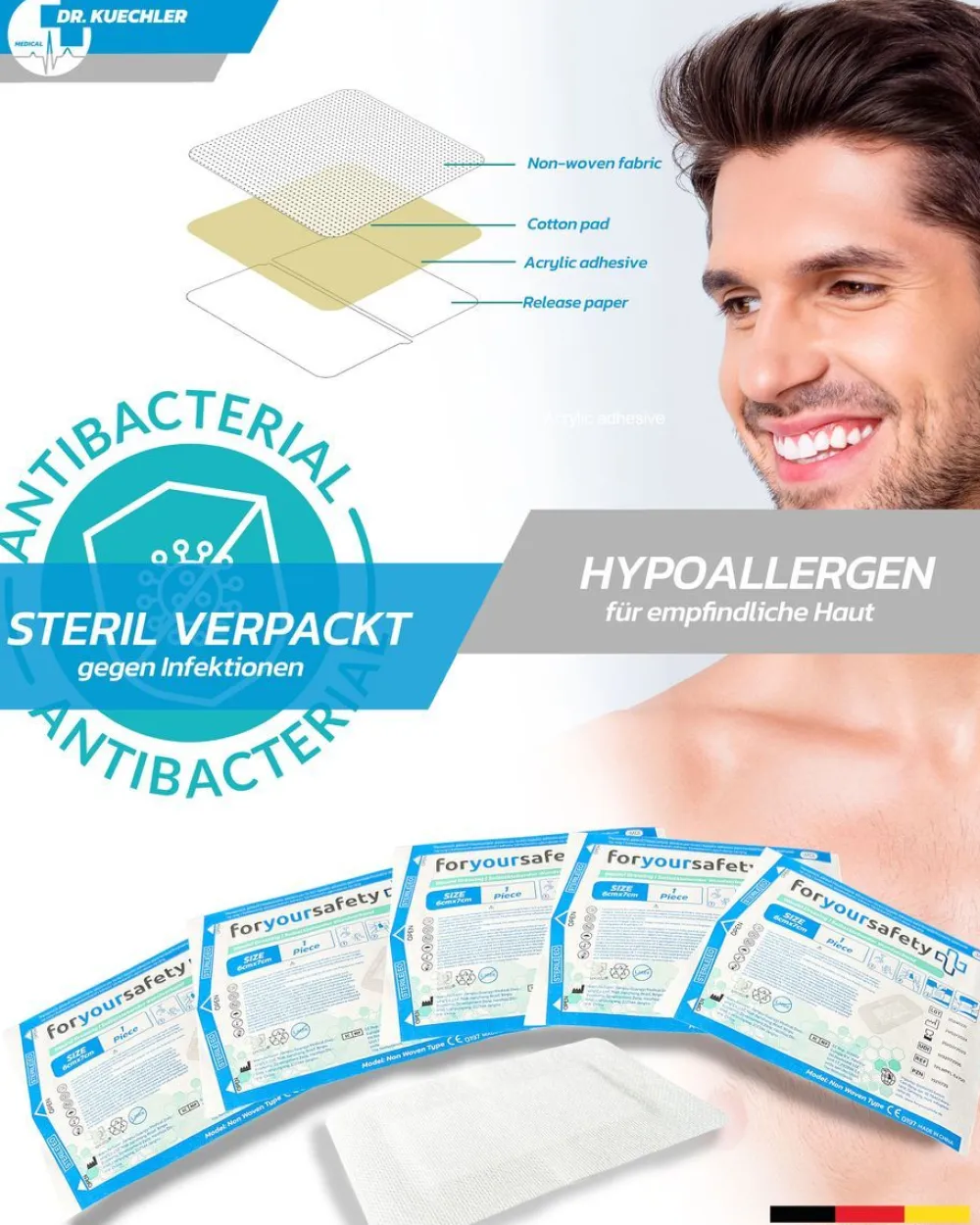Dr. Kuechler Medical® 25 Stück Wundpflaster steril, besonders hautfreundlich, sensitiv, 10x15cm| Best