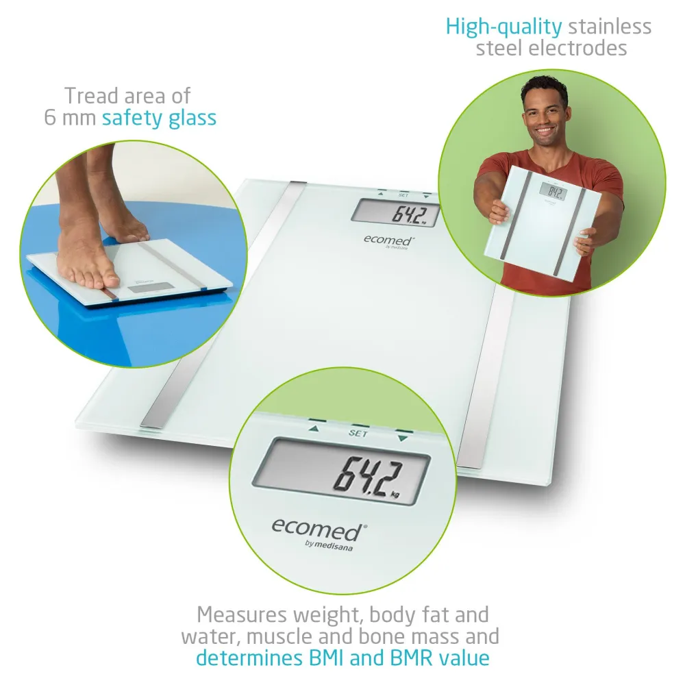 ecomed BS-70E digitale Körperanalysewaage bis 150 kg Personenwaage aus Glas|Medisana Sale