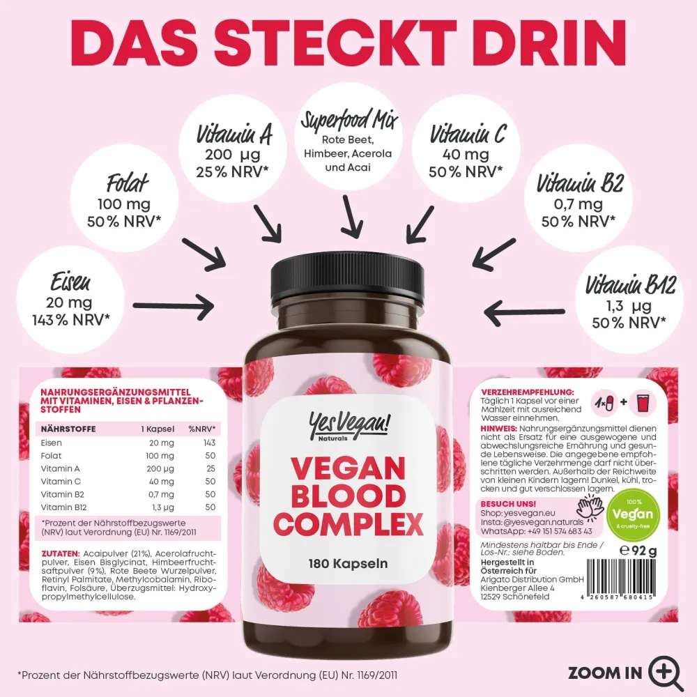 Eisen hochdosiert (180 Kapseln) Vitamin A, Vitamin B2 und B12, Folsäure, Vitamin, gegen Eisenmangel>YesVegan