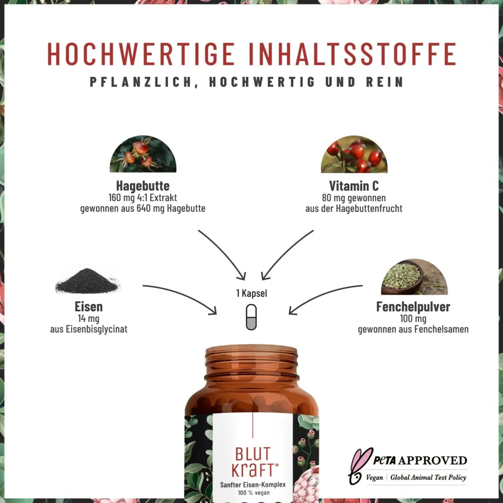 Eisen Komplex Alternative zu Eisentabletten 120 vegane Kapseln Fenchel Blutkraft ®|NATURTREU Hot