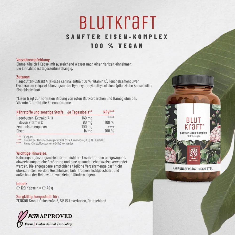 Eisen Komplex Alternative zu Eisentabletten 120 vegane Kapseln Fenchel Blutkraft ®|NATURTREU Hot