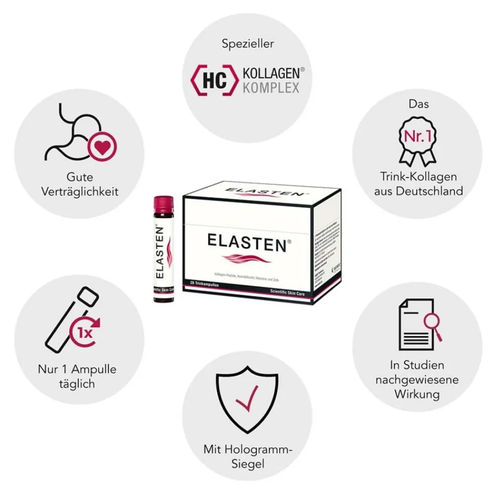® Kollagen Trinkampullen für schöne Haut – das studiengeprüfte Original, mit Acerola, Vitamin C, Zink, Biotin|Elasten Best