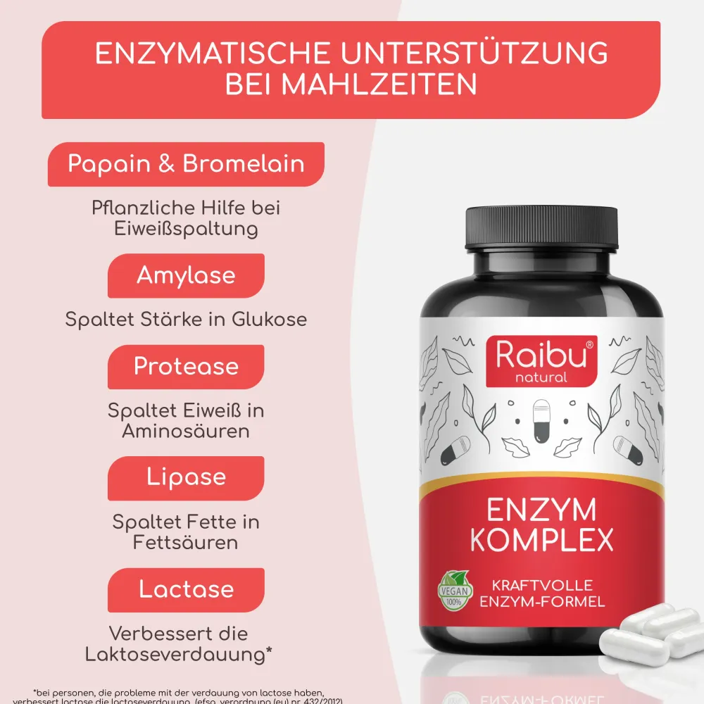 Enzym Komplex mit Bromelain, Papain, Protease, Amylase, Lipase & Laktase ->Raibu Hot