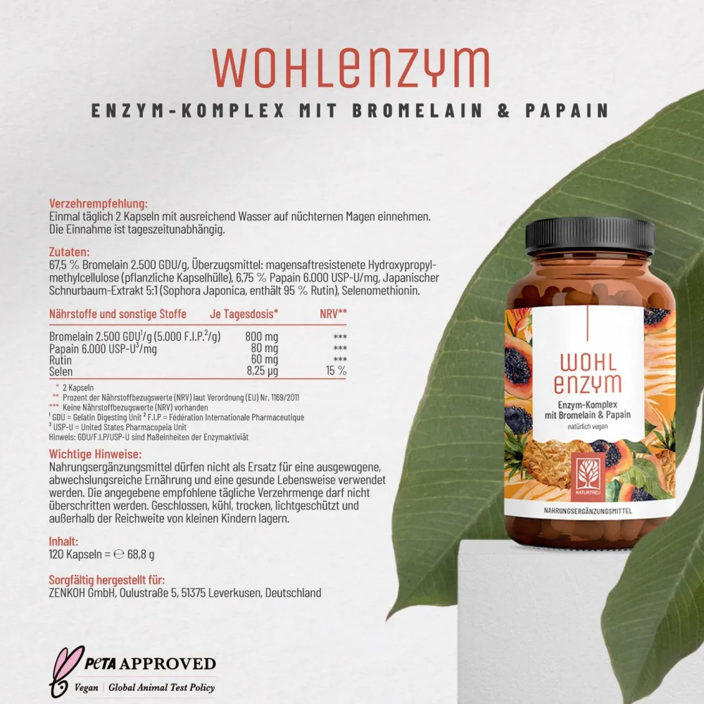 Enzym Komplex Rutin 800mg Bromelain 120 Kapsel Papain laborgeprüft vegan Wohlenzym ®>NATURTREU Hot