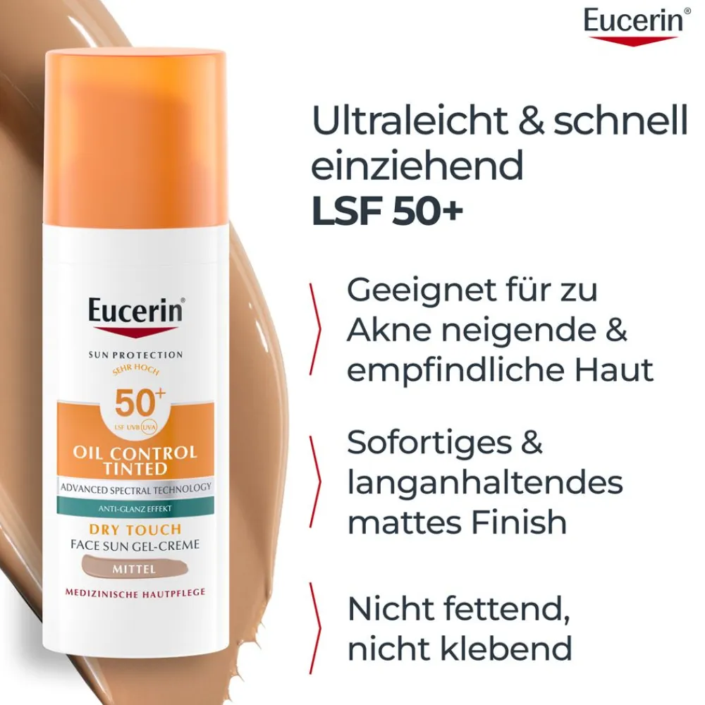 ® Oil Control Tinted Face Sun Gel-Creme mit LSF 50+ – getönter Sonnenschutz für fettige und unreine Haut – Mittel - Jetzt 20 % mit dem Code 20 sparen>Eucerin